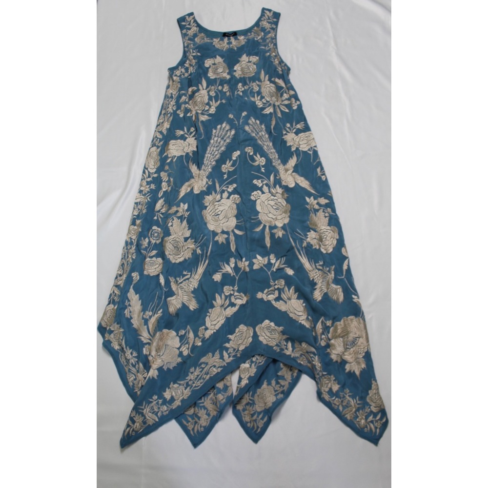 Tolani Teal Blue Embroidered Floral Bird Cupro Handkerchief Hem Midi Dress XS
